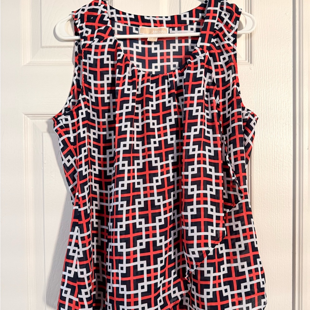 Michael Kors Red and Navy Layered Geometric Blouse